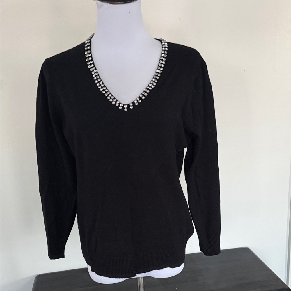 NWOT Black V-Neck Sweater with Embellished Bling Neckline